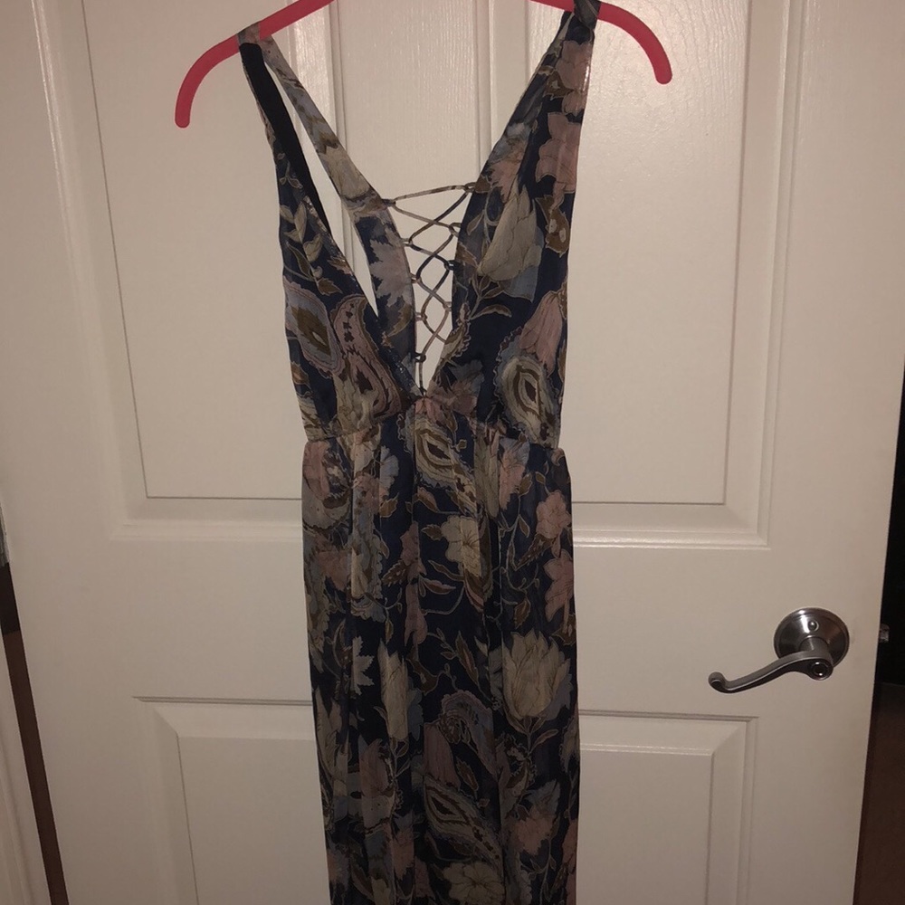 Navy floral maxi dress with lace back detail. NWT